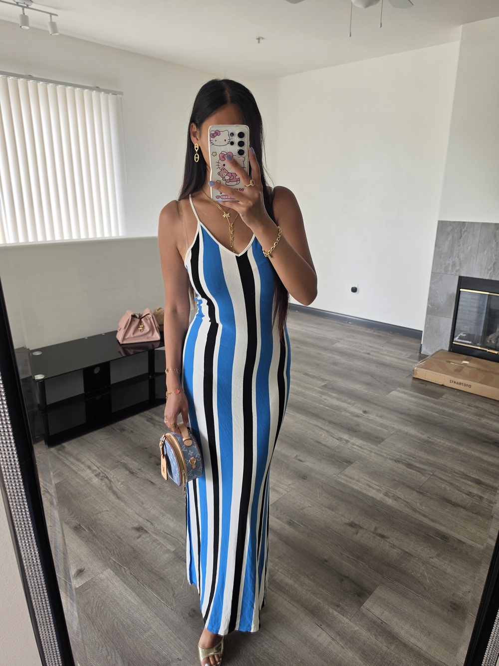 Striped Blue & White Maxi Slip Dress with Side Slit - Picture 12 of 13